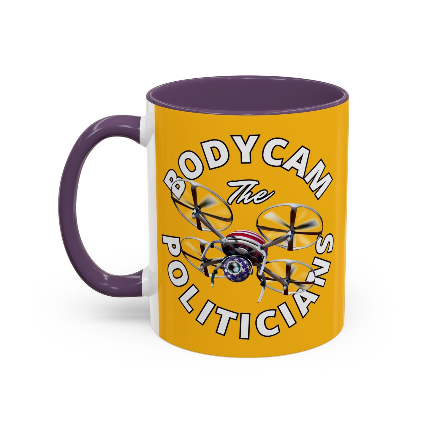 Bodycam the Politicians Drone Yellow Accent Mug by cypherpunkgear.com – cypherpunkgear.com | Cypherpunk Merch