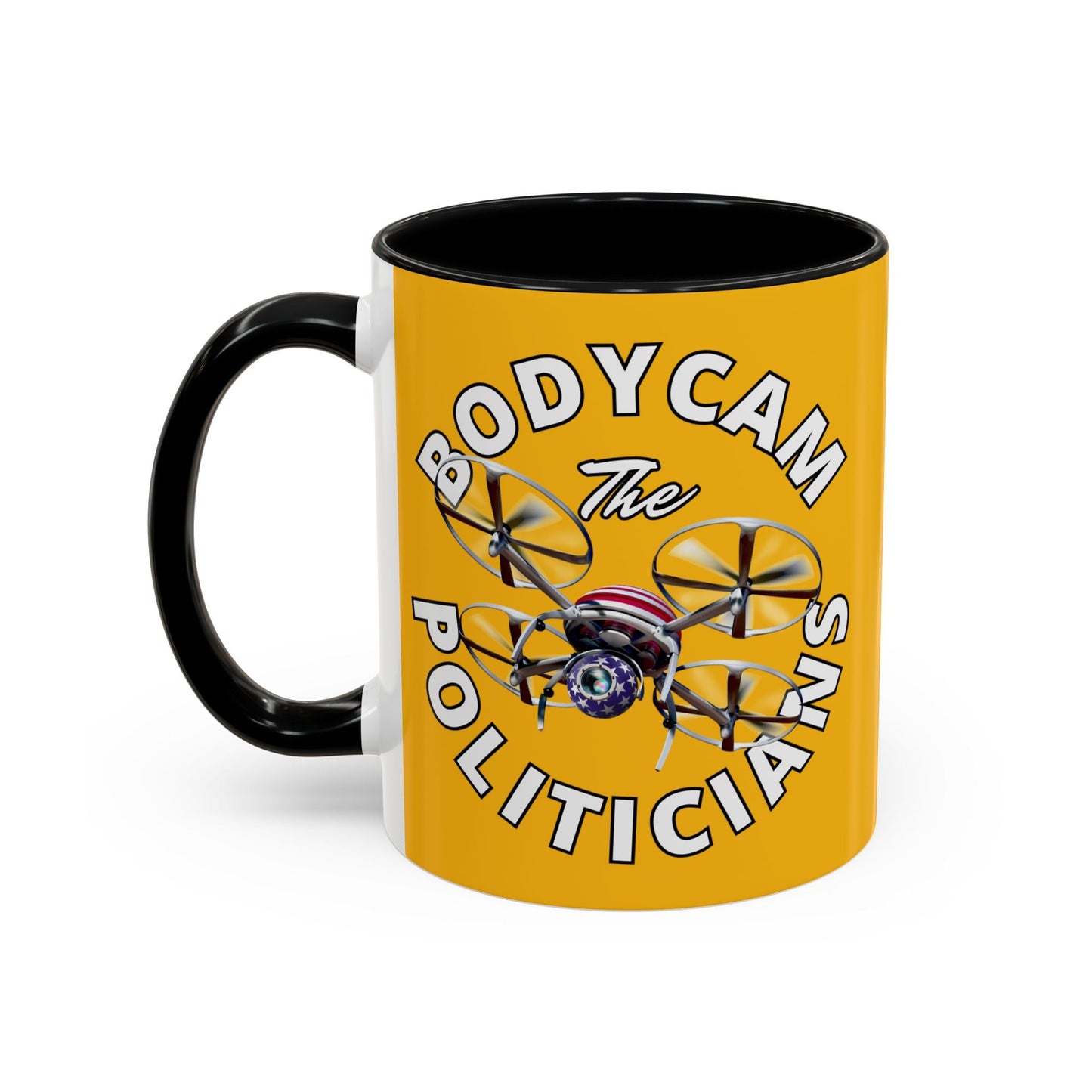 Bodycam the Politicians Drone Yellow Accent Mug by cypherpunkgear.com – cypherpunkgear.com | Cypherpunk Merch