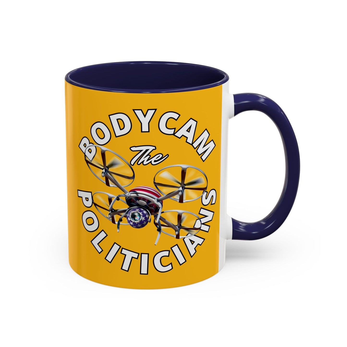 Bodycam the Politicians Drone Yellow Accent Mug by cypherpunkgear.com – cypherpunkgear.com | Cypherpunk Merch