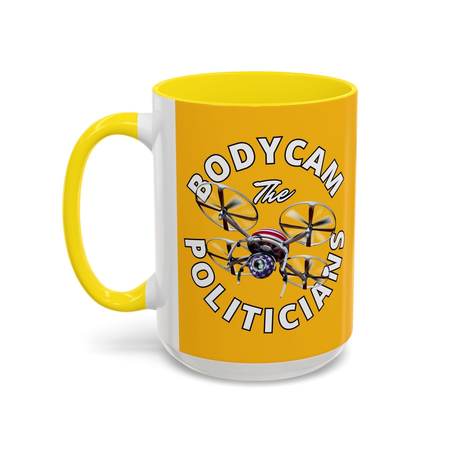 Bodycam the Politicians Drone Yellow Accent Mug by cypherpunkgear.com – cypherpunkgear.com | Cypherpunk Merch
