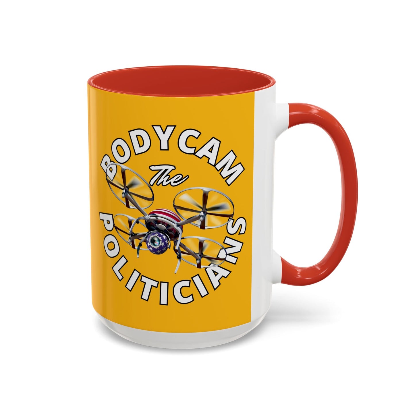 Bodycam the Politicians Drone Yellow Accent Mug by cypherpunkgear.com – cypherpunkgear.com | Cypherpunk Merch