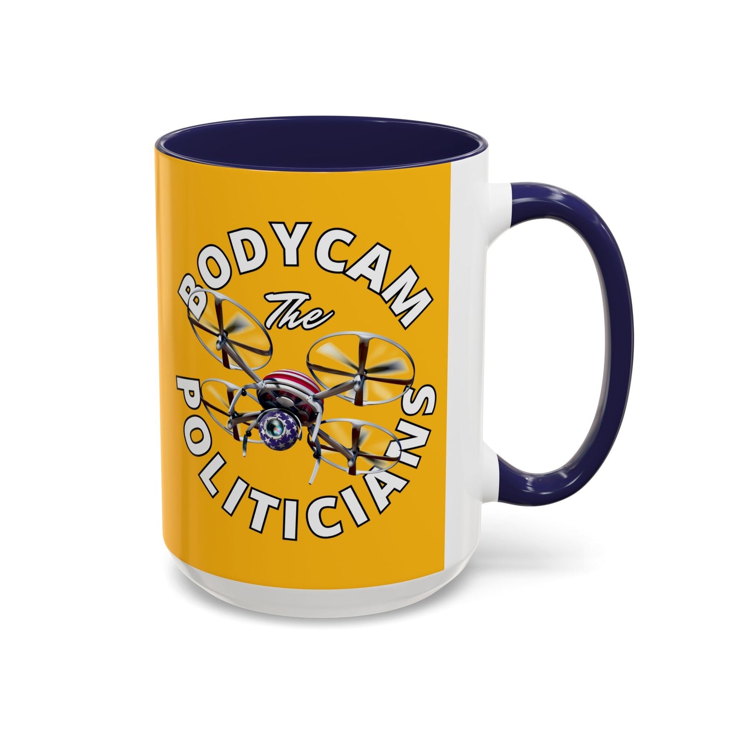 Bodycam the Politicians Drone Yellow Accent Mug by cypherpunkgear.com – cypherpunkgear.com | Cypherpunk Merch