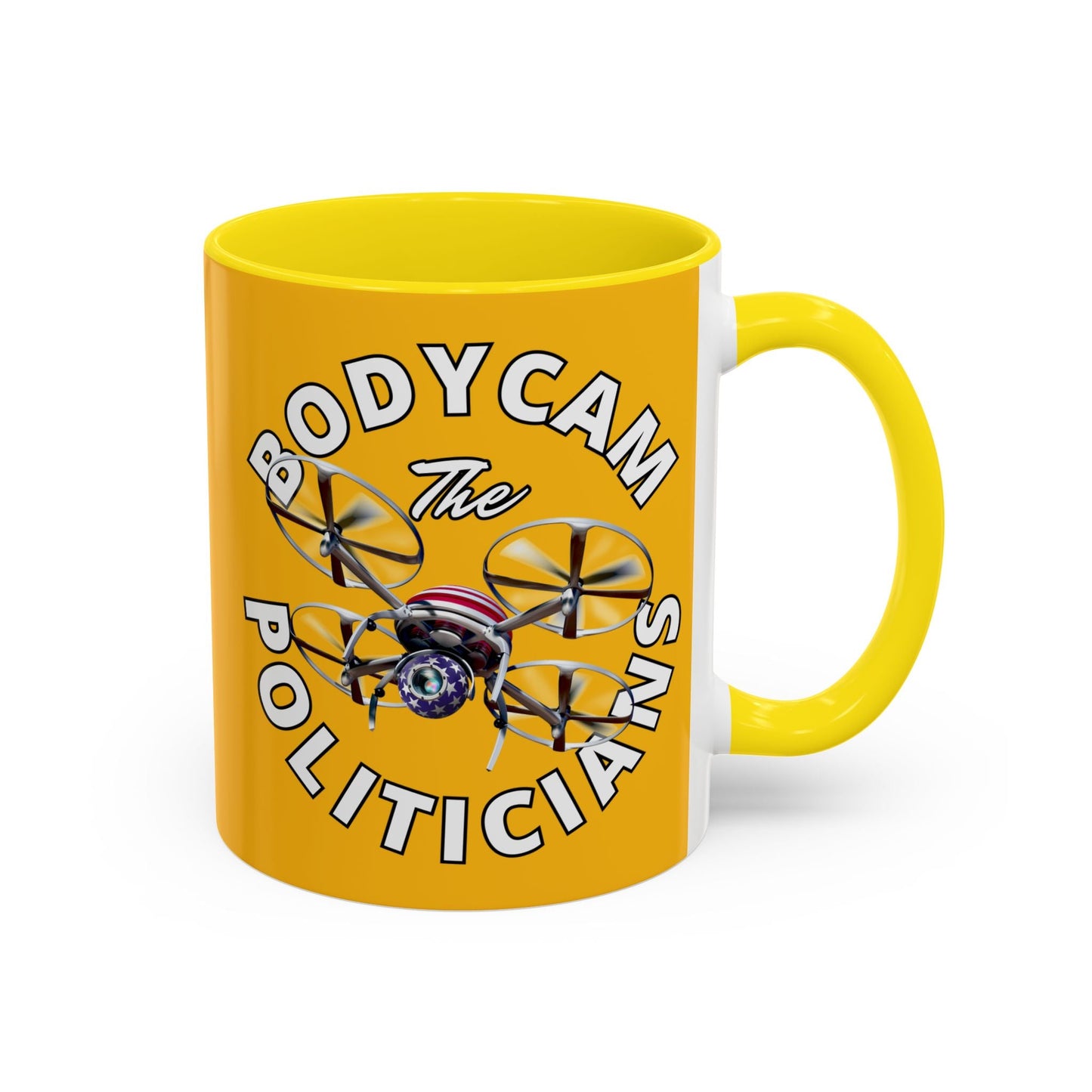 Bodycam the Politicians Drone Yellow Accent Mug by cypherpunkgear.com – cypherpunkgear.com | Cypherpunk Merch