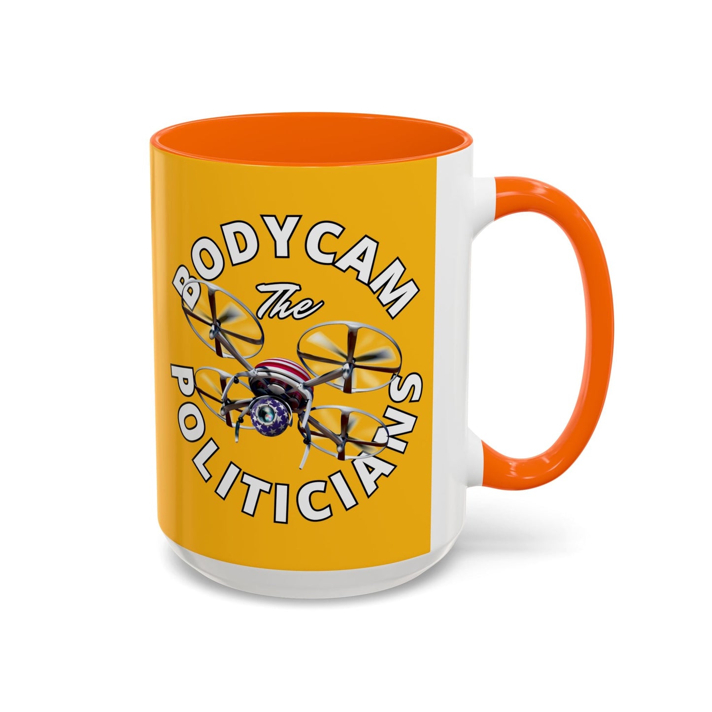 Bodycam the Politicians Drone Yellow Accent Mug by cypherpunkgear.com – cypherpunkgear.com | Cypherpunk Merch
