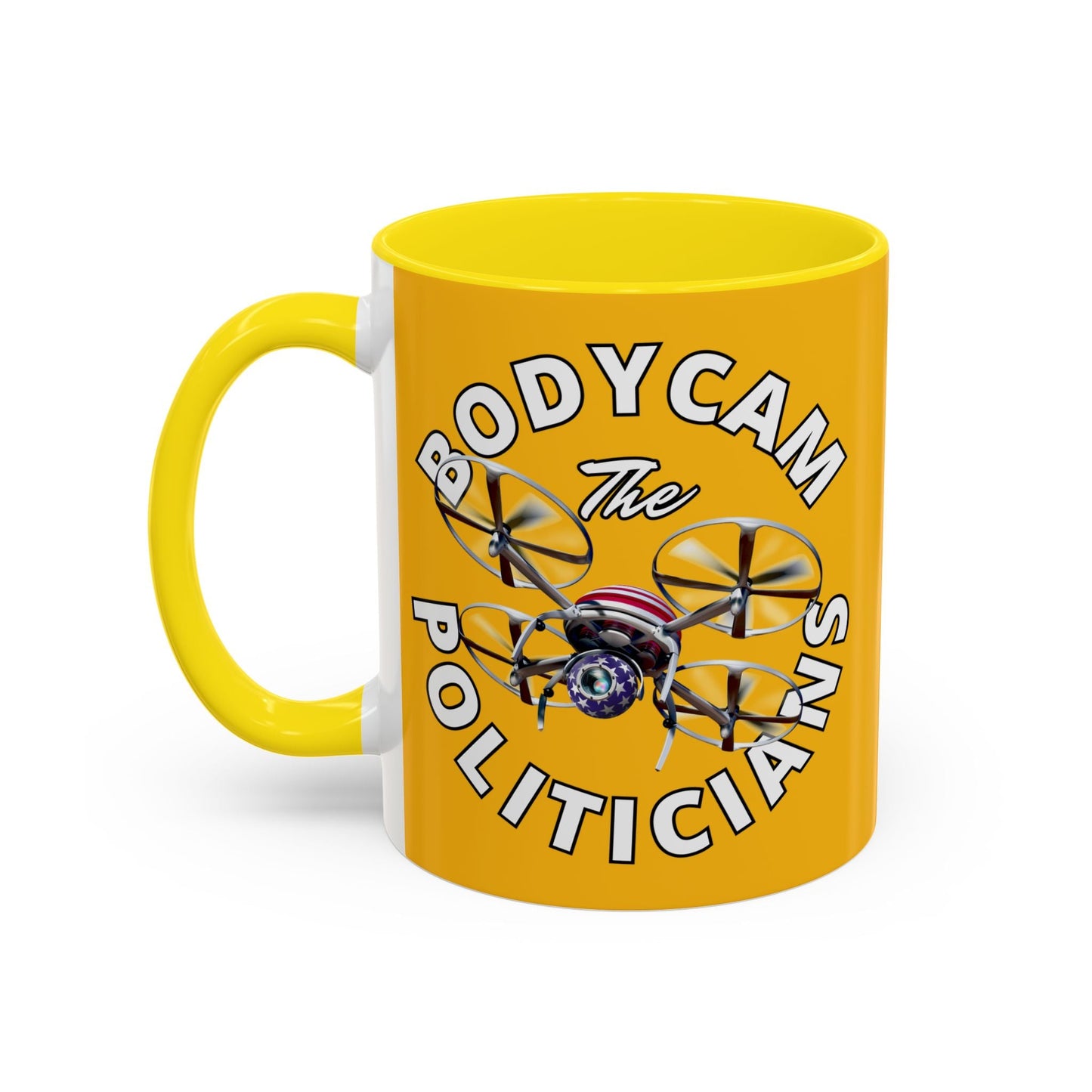 Bodycam the Politicians Drone Yellow Accent Mug by cypherpunkgear.com – cypherpunkgear.com | Cypherpunk Merch