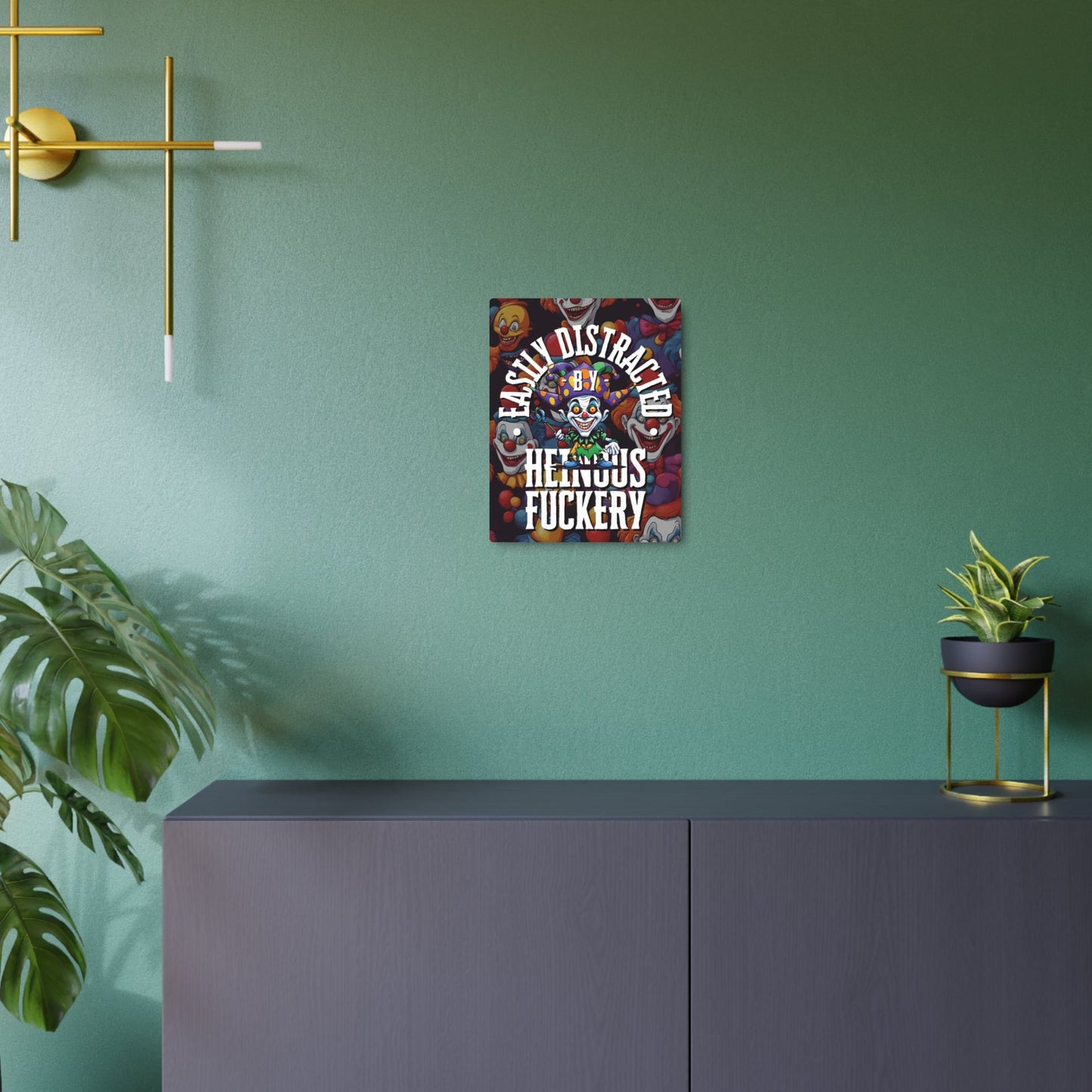 Easily Distracted by Heinous Fuckery Little Jincs Metal Art Sign by cypherpunkgear – cypherpunkgear.com | Cypherpunk Merch