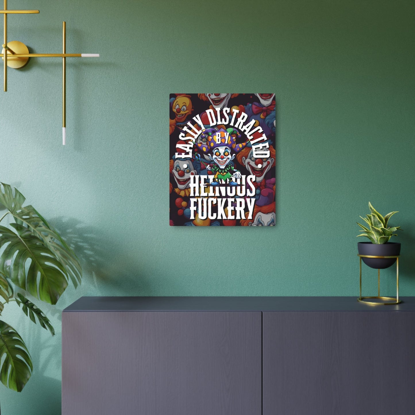 Easily Distracted by Heinous Fuckery Little Jincs Metal Art Sign by cypherpunkgear – cypherpunkgear.com | Cypherpunk Merch