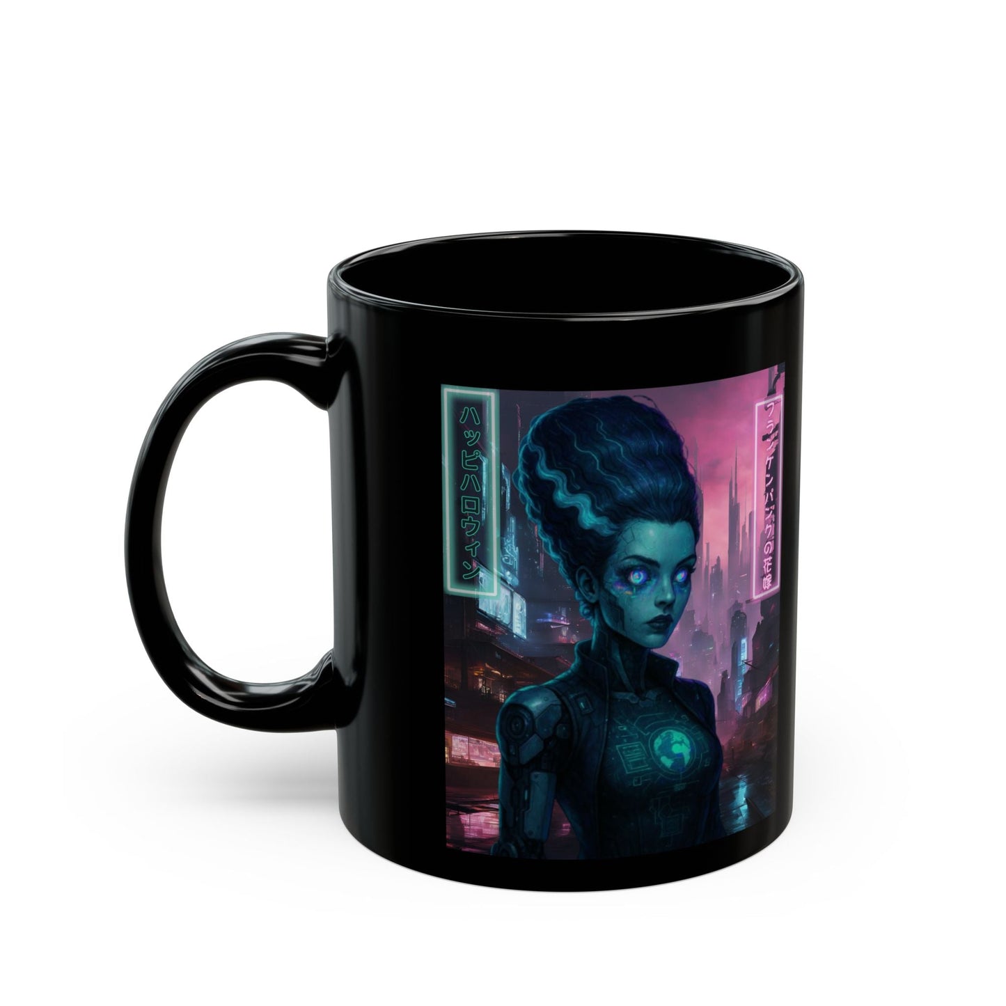 Neon Bride of Frankenstein Black Mug by CreepyCrafts.boo – cypherpunkgear.com | Cypherpunk Merch