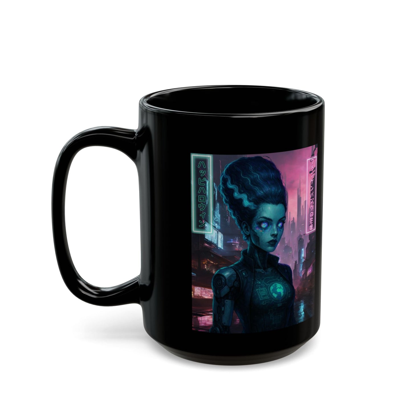 Neon Bride of Frankenstein Black Mug by CreepyCrafts.boo – cypherpunkgear.com | Cypherpunk Merch