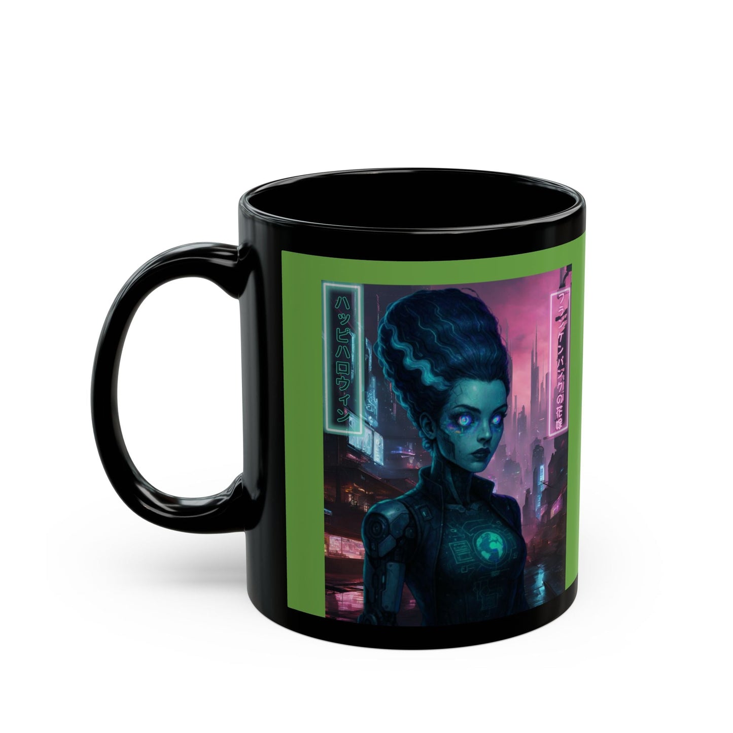 Neon Bride of Frankenstein Green Mug by CreepyCrafts.boo – cypherpunkgear.com | Cypherpunk Merch