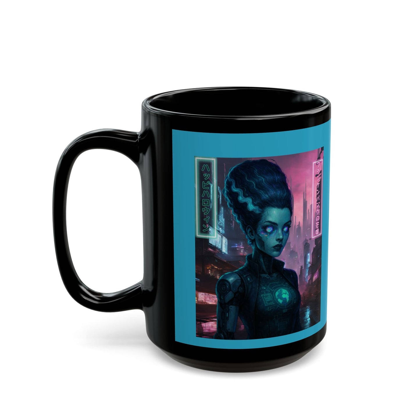 Neon Bride of Frankenstein Turquoise Mug by CreepyCrafts.boo – cypherpunkgear.com | Cypherpunk Merch