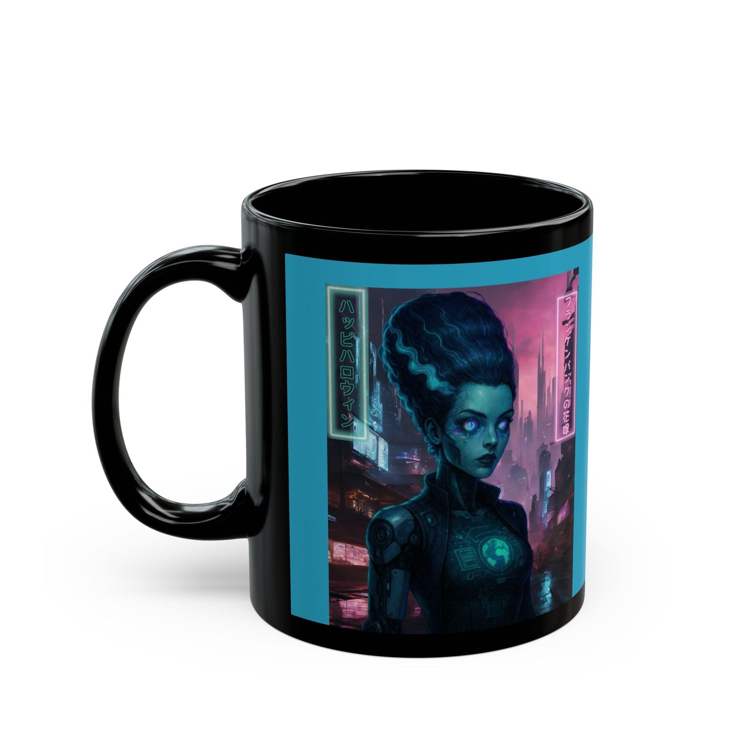 Neon Bride of Frankenstein Turquoise Mug by CreepyCrafts.boo – cypherpunkgear.com | Cypherpunk Merch