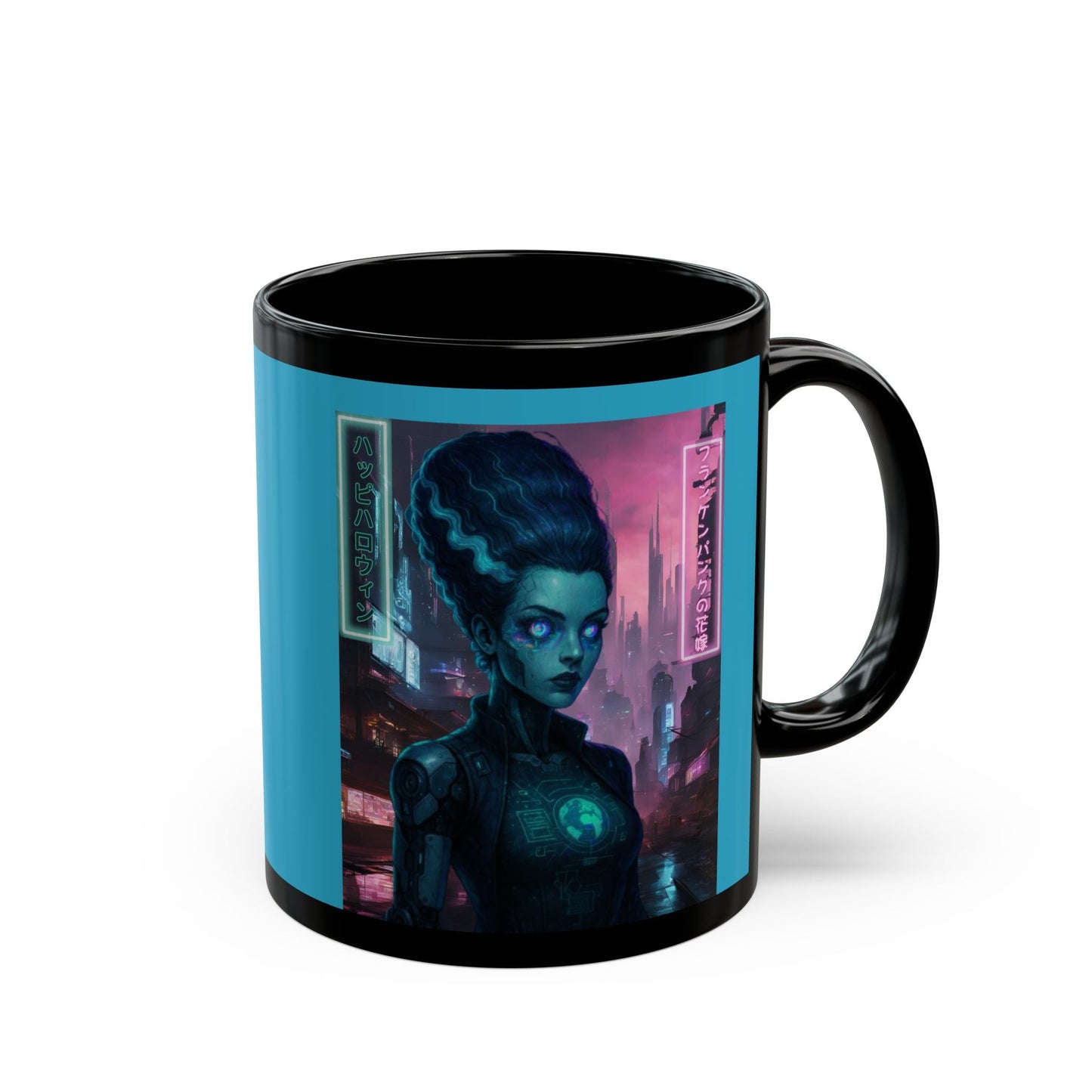 Neon Bride of Frankenstein Turquoise Mug by CreepyCrafts.boo – cypherpunkgear.com | Cypherpunk Merch