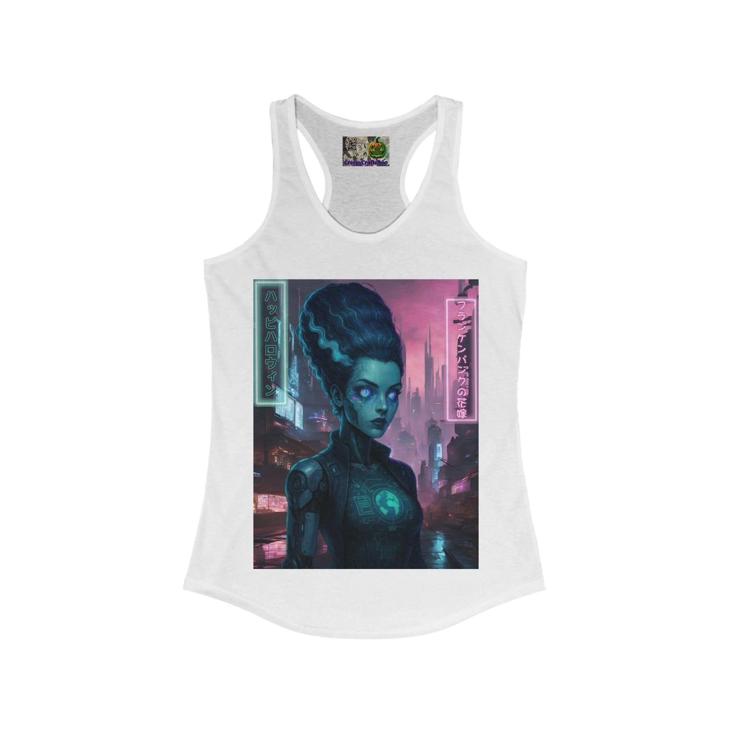 Neon Bride of Frankenstein Women's Racerback Tank Top by CreepyCrafts.boo – cypherpunkgear.com | Cypherpunk Merch