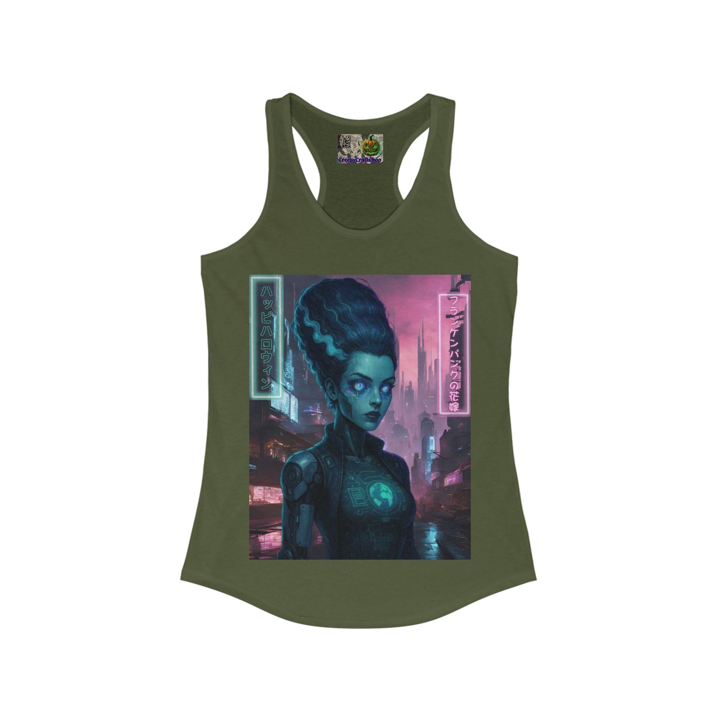 Neon Bride of Frankenstein Women's Racerback Tank Top by CreepyCrafts.boo – cypherpunkgear.com | Cypherpunk Merch
