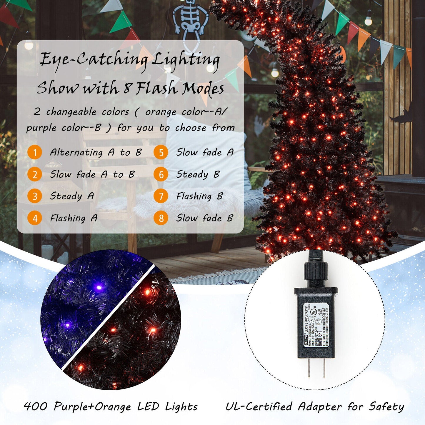 7 Feet Pre-Lit Black Halloween Tree with 8 Flash Modes and 400 Lights