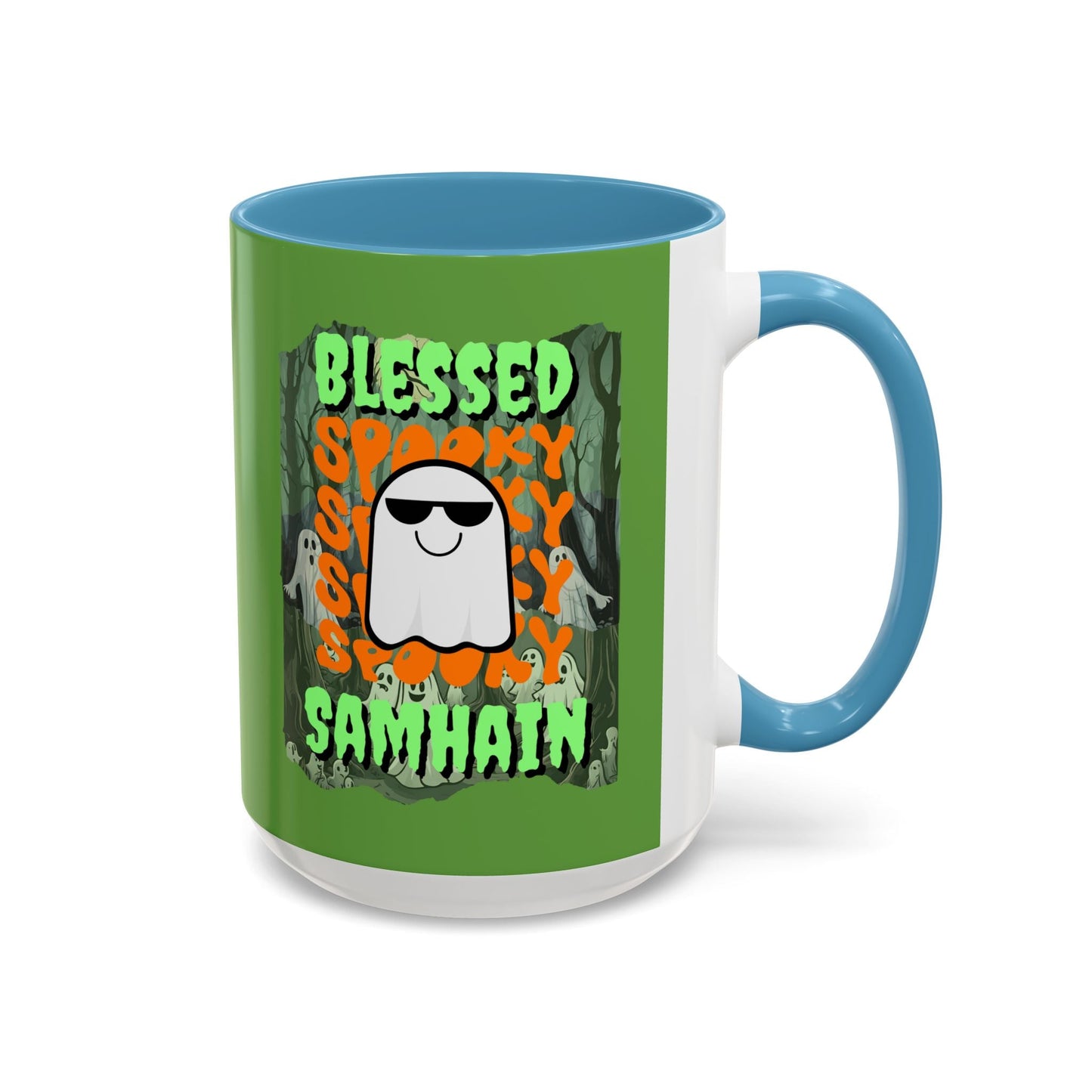 Spooky Blessed Samhain Ghost GNfont Accent Mug by cypherpunkgear – cypherpunkgear.com | Cypherpunk Merch
