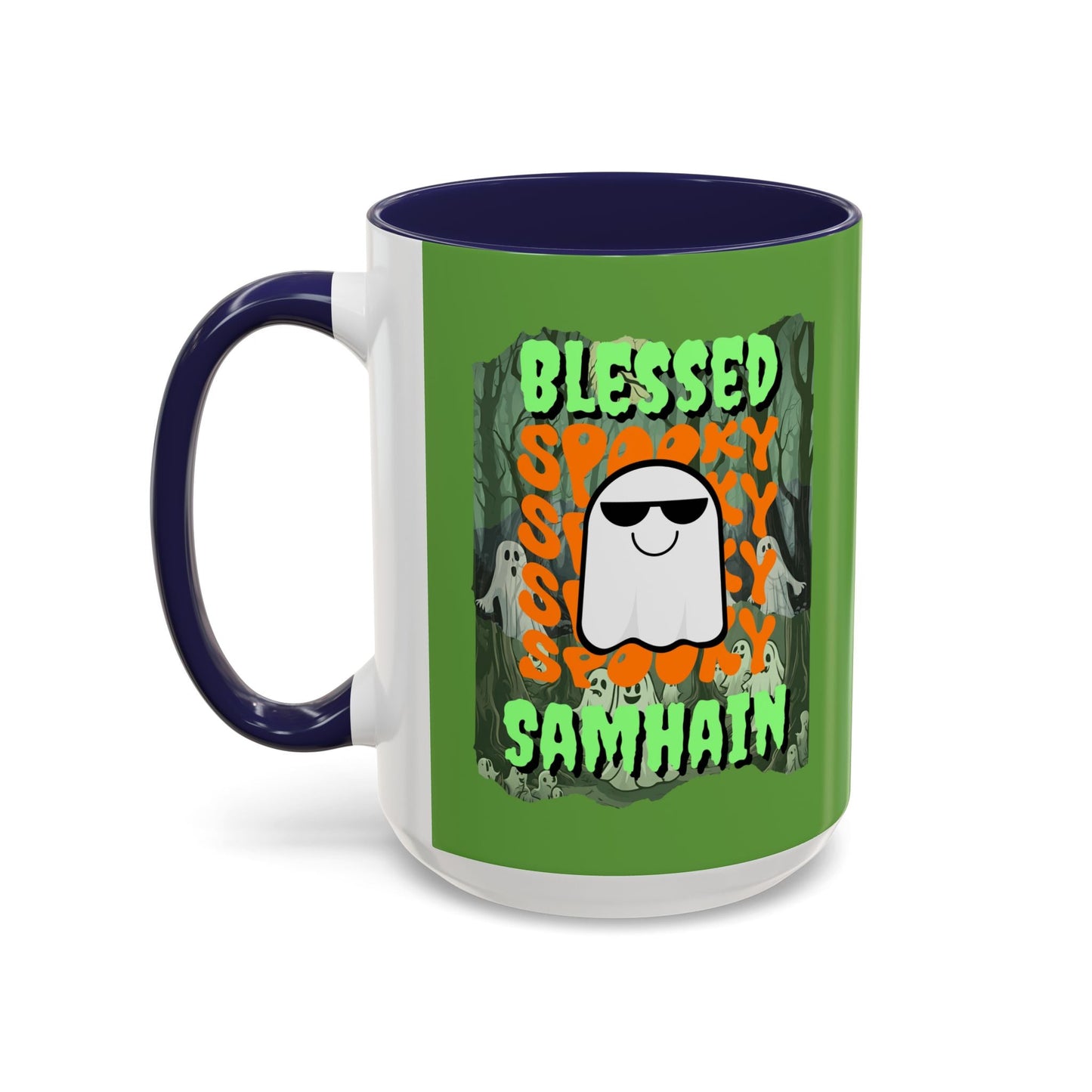Spooky Blessed Samhain Ghost GNfont Accent Mug by cypherpunkgear – cypherpunkgear.com | Cypherpunk Merch