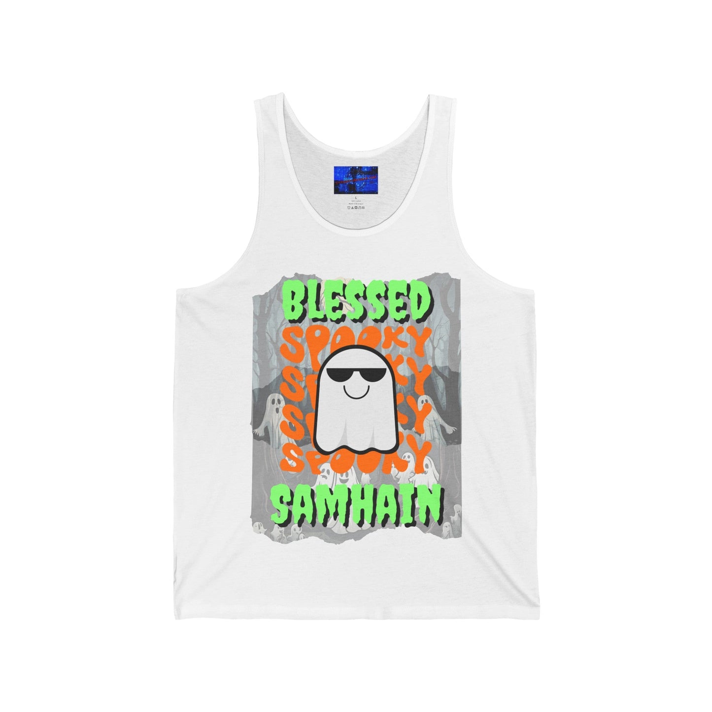 Spooky Blessed Samhain Ghost GNfont Unisex Jersey Tank Top by cypherpunkgear – cypherpunkgear.com | Cypherpunk Merch