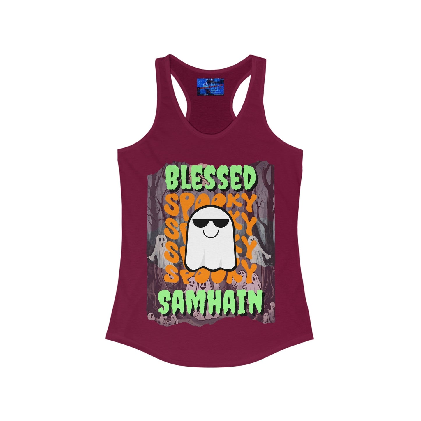 Spooky Blessed Samhain Ghost GNfont Women's Racerback Tank Top by cypherpunkgear – cypherpunkgear.com | Cypherpunk Merch