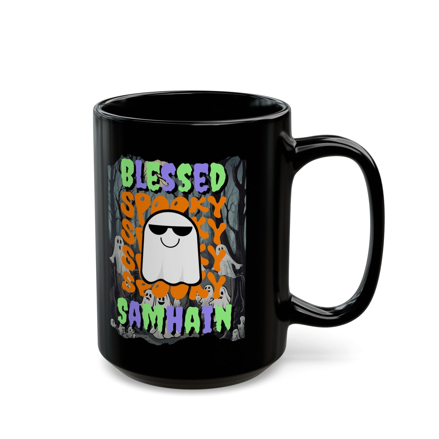Spooky Blessed Samhain Ghost MXfont Black Mug by cypherpunkgear – cypherpunkgear.com | Cypherpunk Merch
