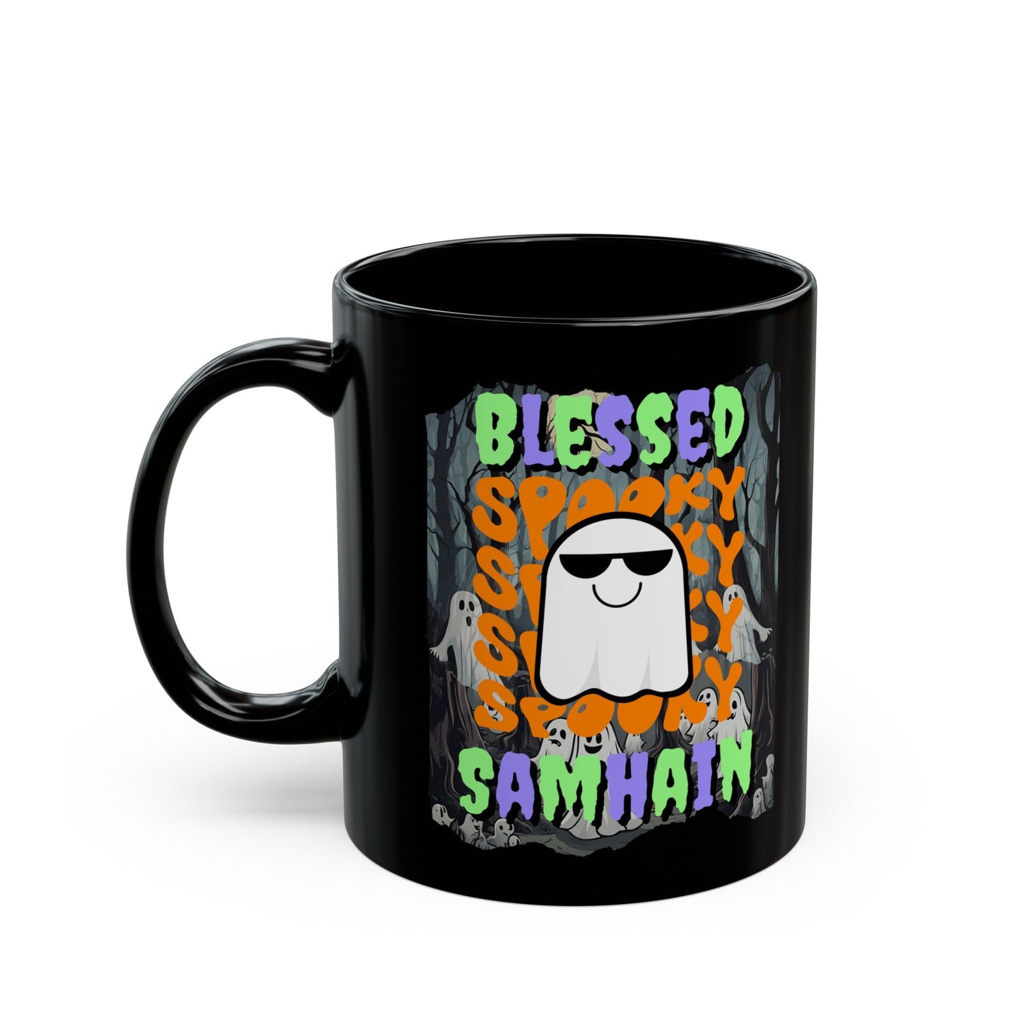 Spooky Blessed Samhain Ghost MXfont Black Mug by cypherpunkgear – cypherpunkgear.com | Cypherpunk Merch