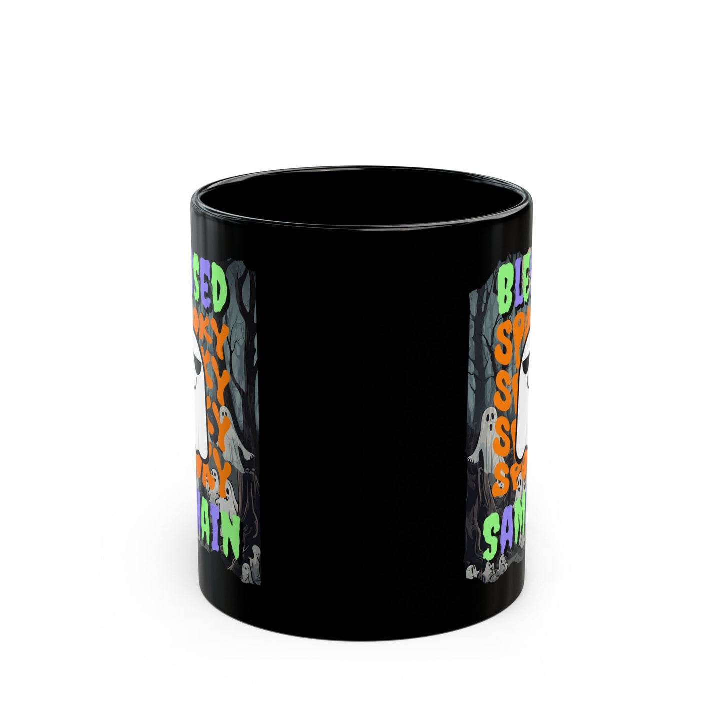 Spooky Blessed Samhain Ghost MXfont Black Mug by cypherpunkgear – cypherpunkgear.com | Cypherpunk Merch