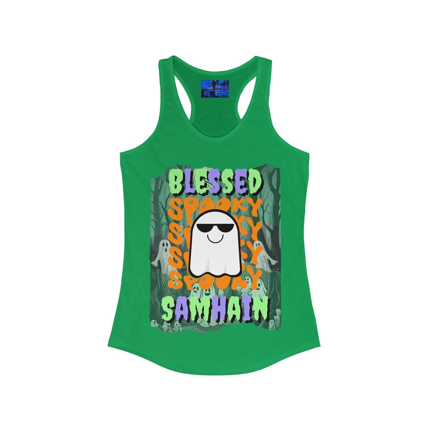 Spooky Blessed Samhain Ghost MXfont Women's Racerback Tank Top by cypherpunkgear – cypherpunkgear.com | Cypherpunk Merch