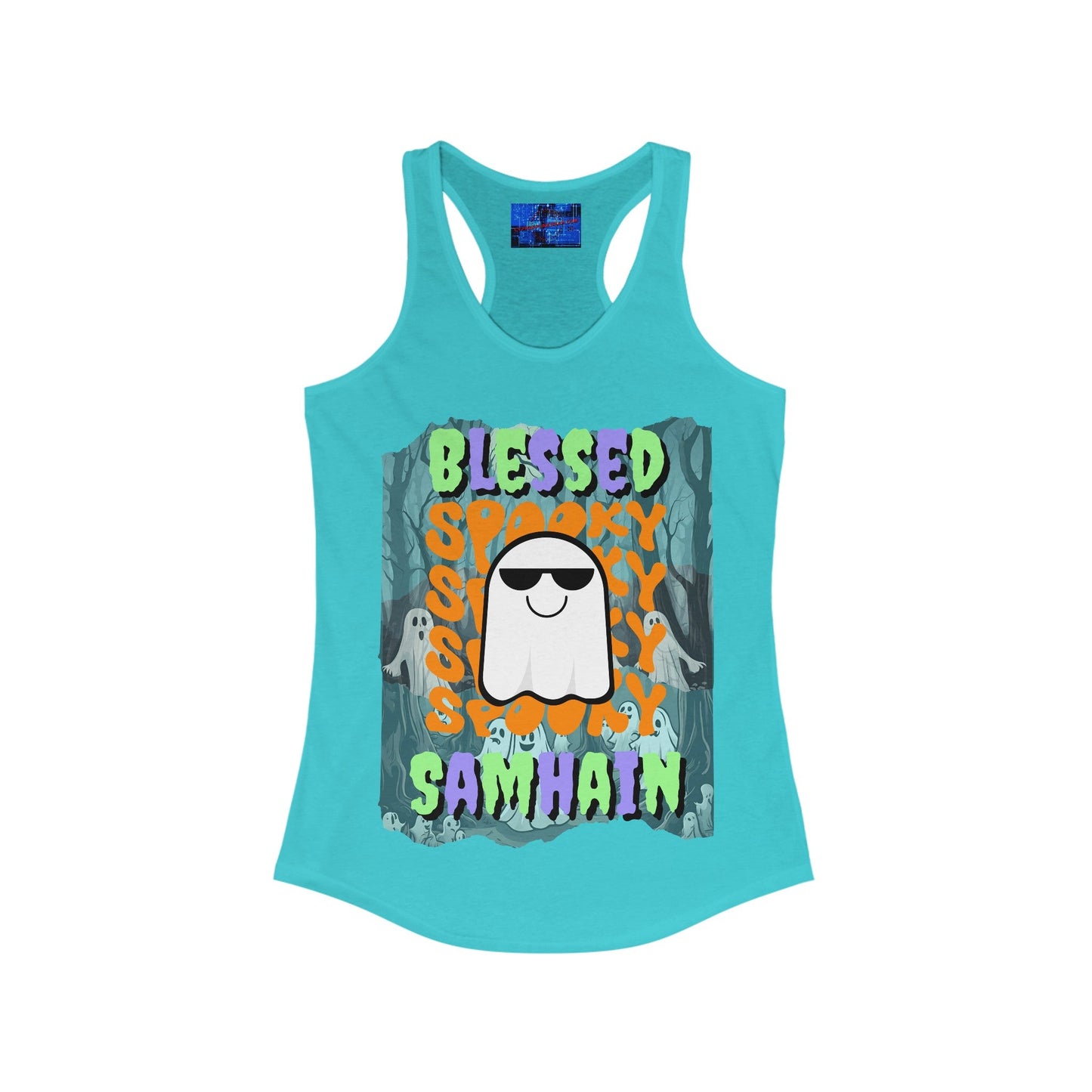 Spooky Blessed Samhain Ghost MXfont Women's Racerback Tank Top by cypherpunkgear – cypherpunkgear.com | Cypherpunk Merch