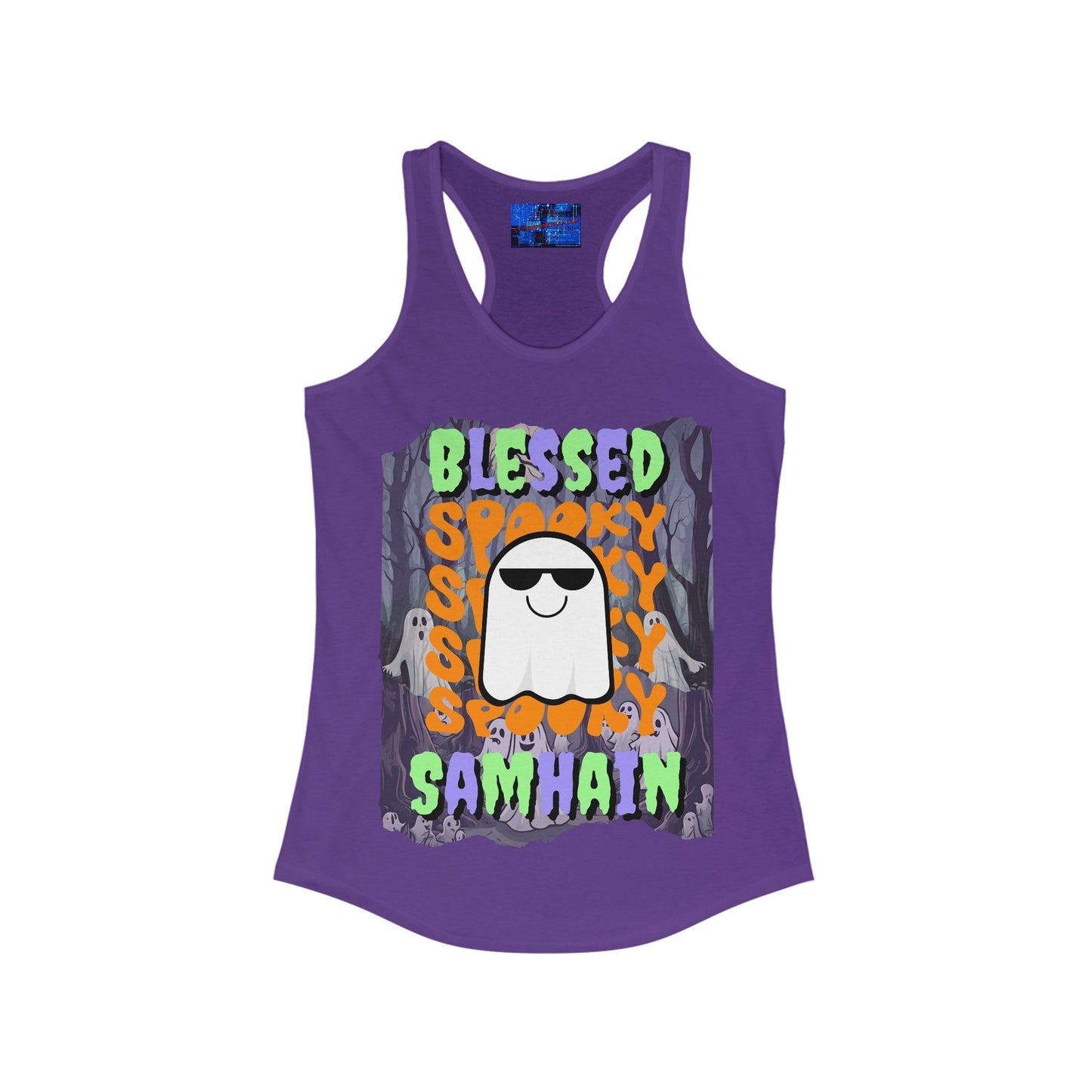 Spooky Blessed Samhain Ghost MXfont Women's Racerback Tank Top by cypherpunkgear – cypherpunkgear.com | Cypherpunk Merch