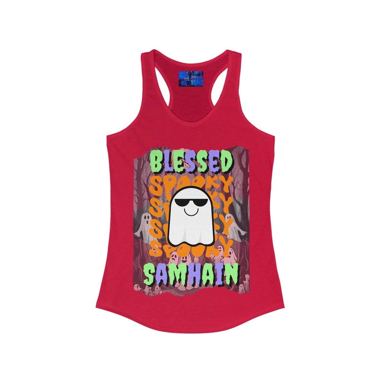 Spooky Blessed Samhain Ghost MXfont Women's Racerback Tank Top by cypherpunkgear – cypherpunkgear.com | Cypherpunk Merch