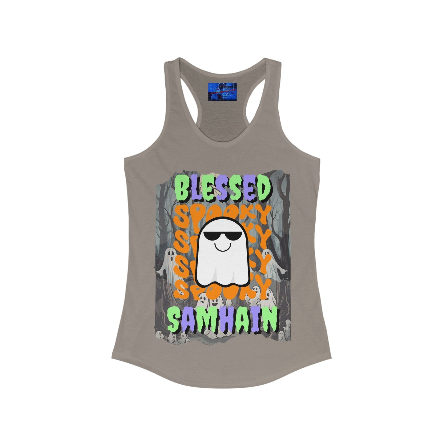 Spooky Blessed Samhain Ghost MXfont Women's Racerback Tank Top by cypherpunkgear – cypherpunkgear.com | Cypherpunk Merch