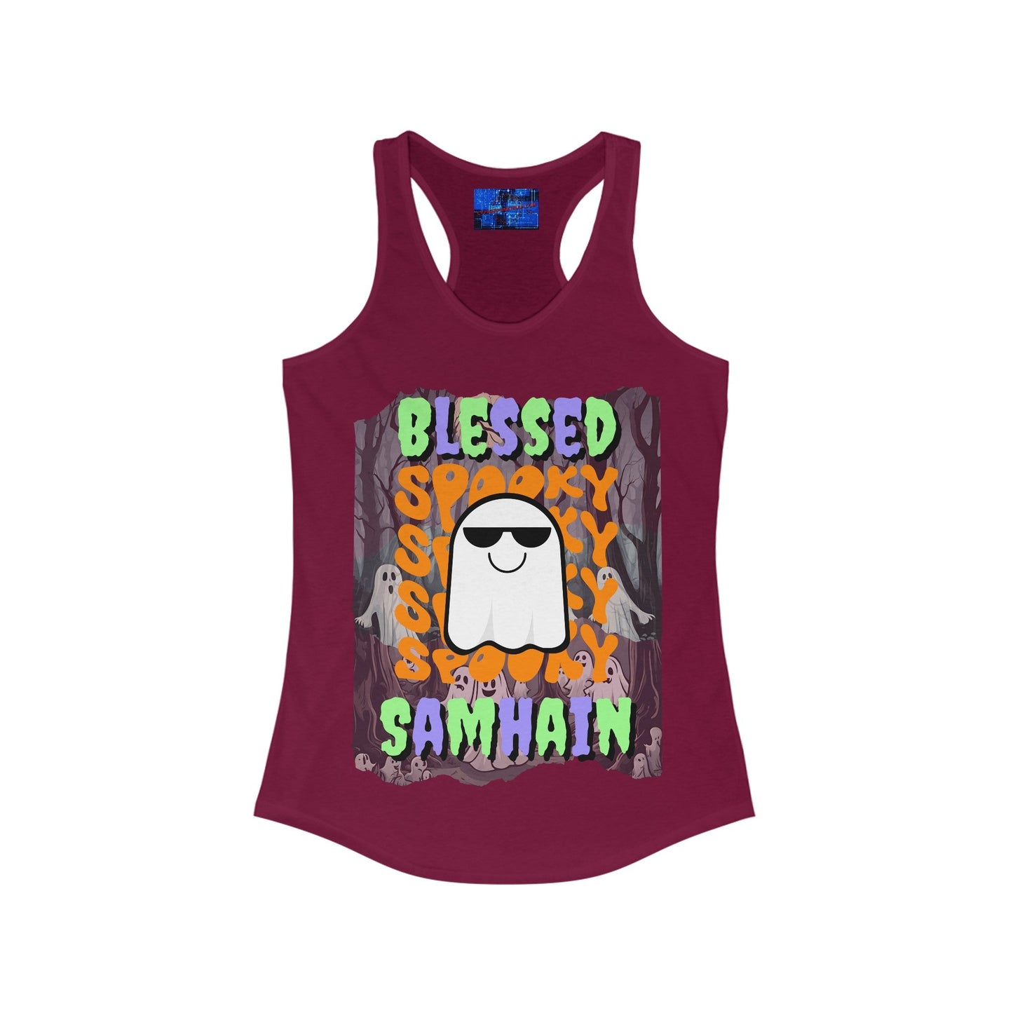 Spooky Blessed Samhain Ghost MXfont Women's Racerback Tank Top by cypherpunkgear – cypherpunkgear.com | Cypherpunk Merch