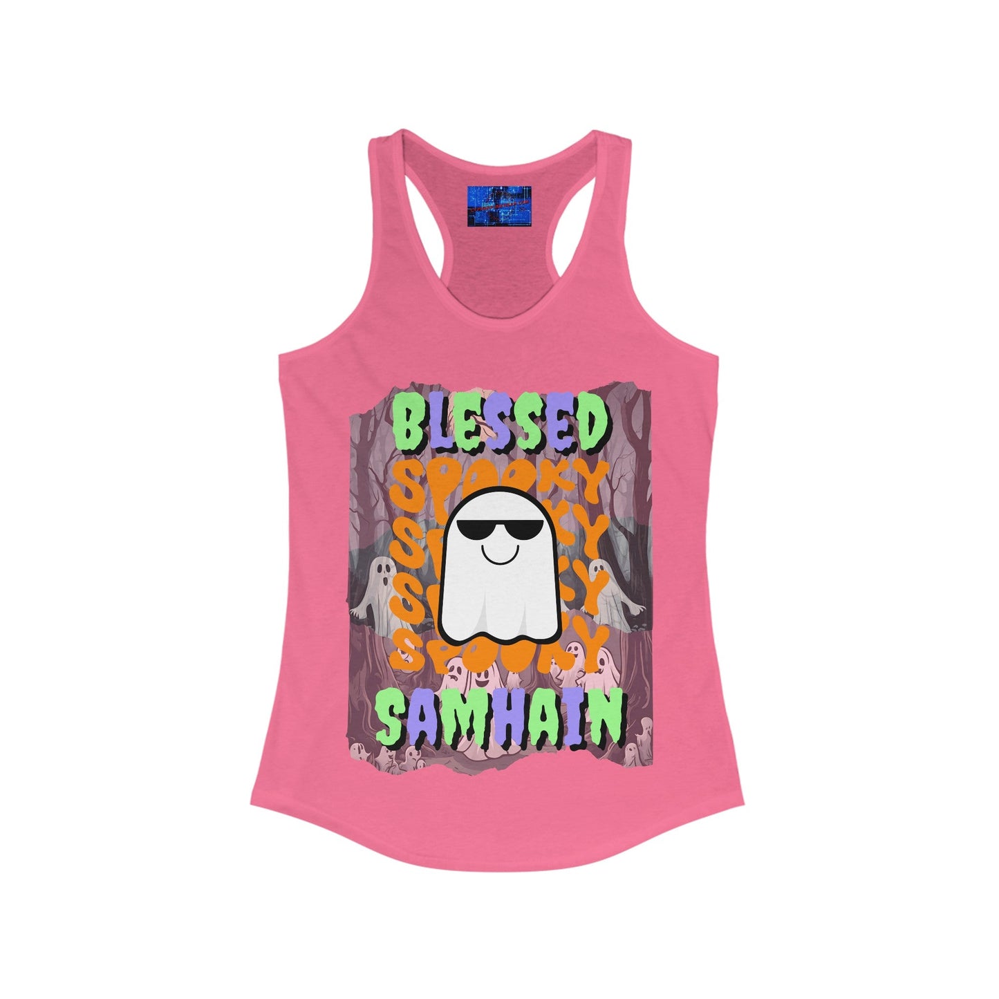 Spooky Blessed Samhain Ghost MXfont Women's Racerback Tank Top by cypherpunkgear – cypherpunkgear.com | Cypherpunk Merch