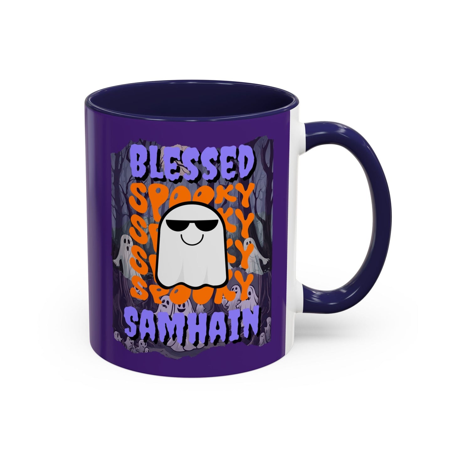 Spooky Blessed Samhain Ghost PRfont Accent Mug by cypherpunkgear – cypherpunkgear.com | Cypherpunk Merch