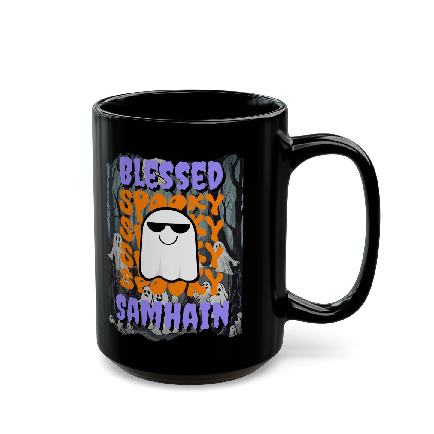 Spooky Blessed Samhain Ghost PRfont Black Mug by cypherpunkgear – cypherpunkgear.com | Cypherpunk Merch