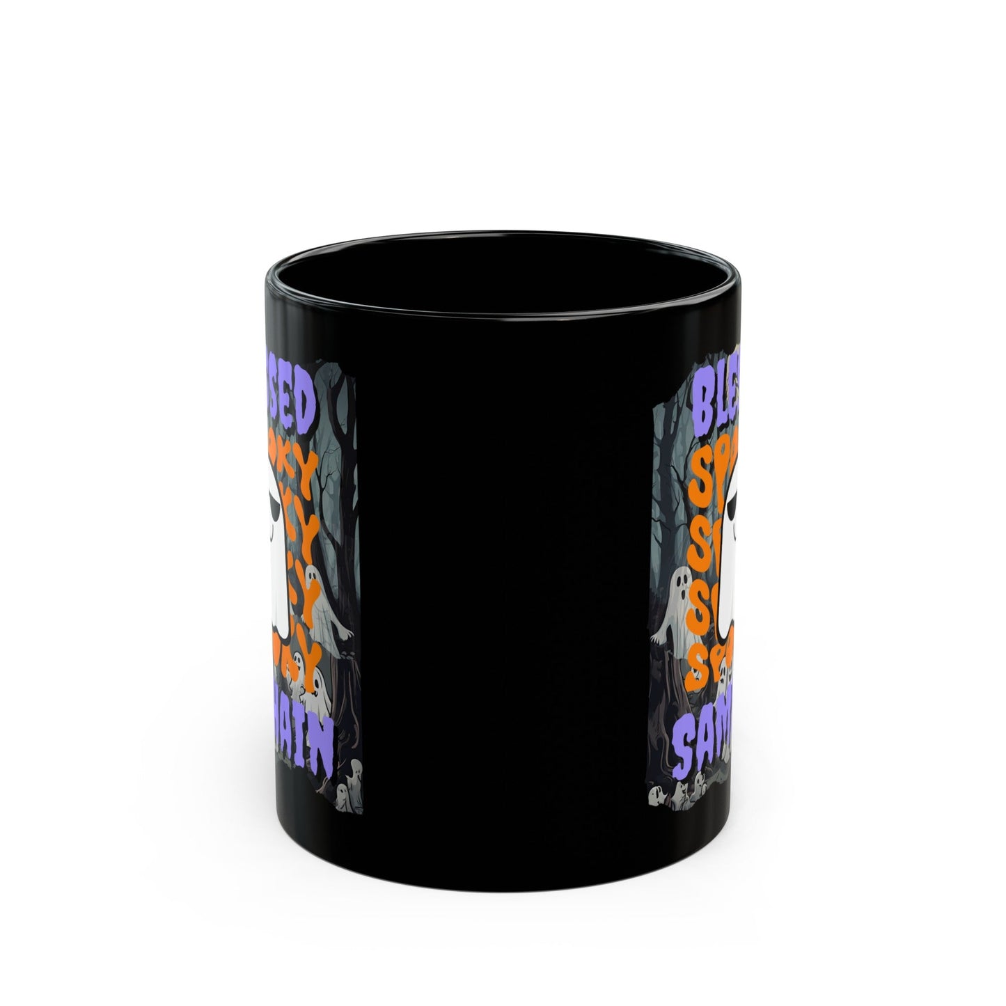 Spooky Blessed Samhain Ghost PRfont Black Mug by cypherpunkgear – cypherpunkgear.com | Cypherpunk Merch