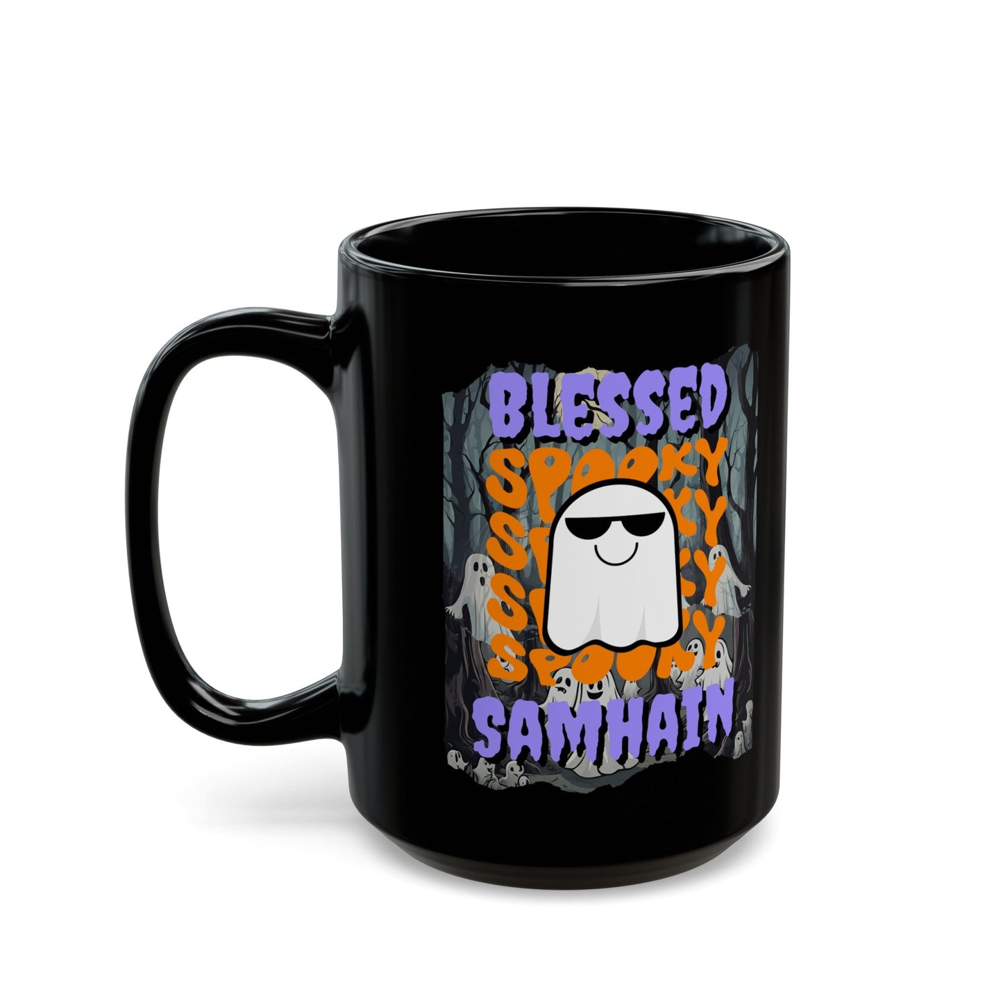 Spooky Blessed Samhain Ghost PRfont Black Mug by cypherpunkgear – cypherpunkgear.com | Cypherpunk Merch