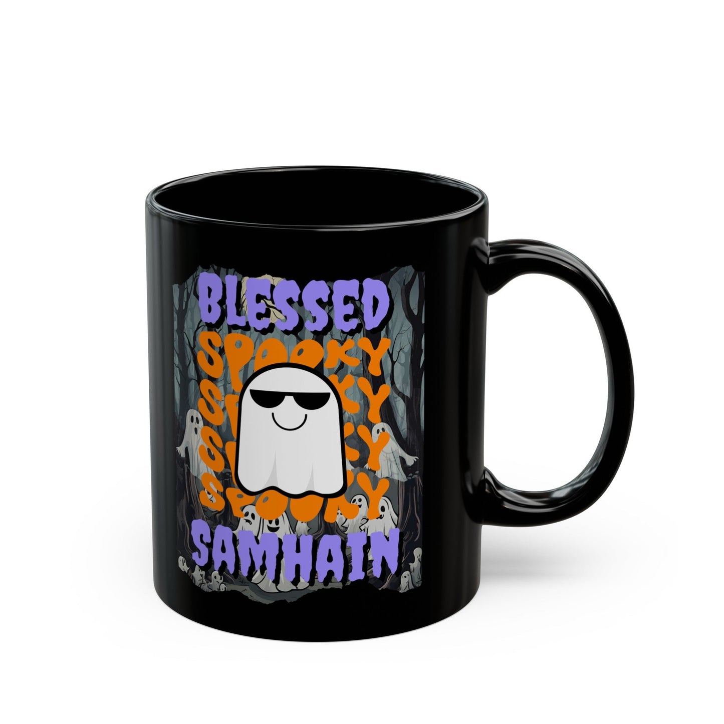 Spooky Blessed Samhain Ghost PRfont Black Mug by cypherpunkgear – cypherpunkgear.com | Cypherpunk Merch