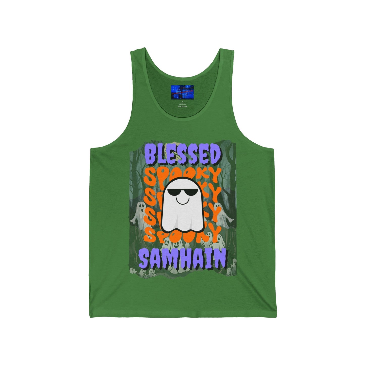 Spooky Blessed Samhain Ghost PRfont Unisex Jersey Tank Top by cypherpunkgear – cypherpunkgear.com | Cypherpunk Merch