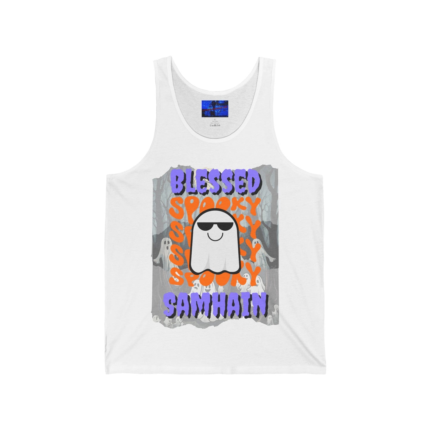 Spooky Blessed Samhain Ghost PRfont Unisex Jersey Tank Top by cypherpunkgear – cypherpunkgear.com | Cypherpunk Merch