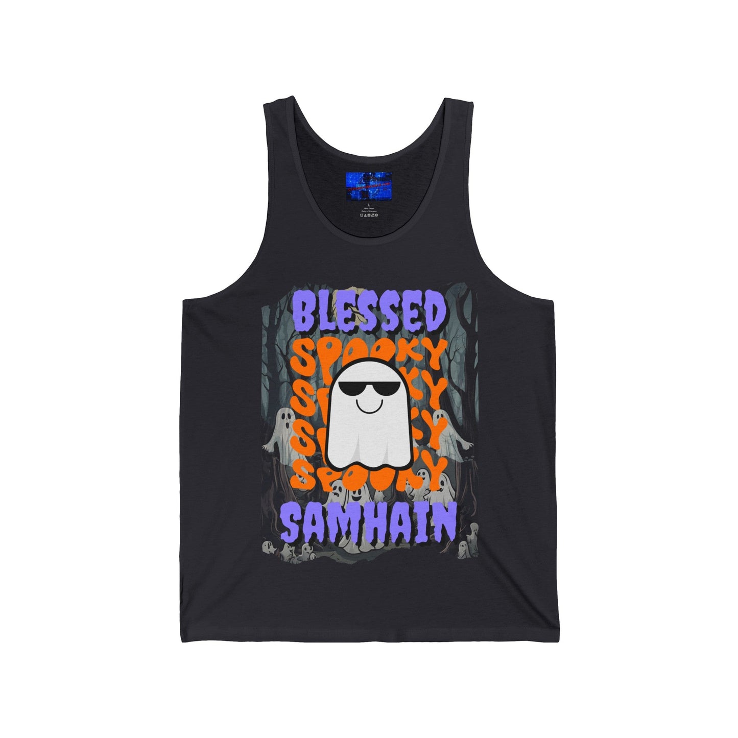 Spooky Blessed Samhain Ghost PRfont Unisex Jersey Tank Top by cypherpunkgear – cypherpunkgear.com | Cypherpunk Merch
