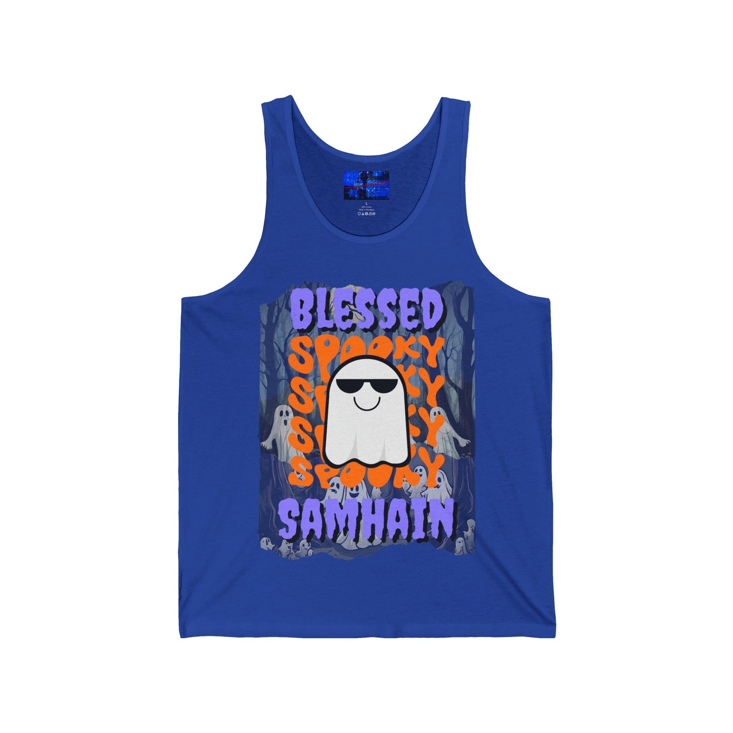 Spooky Blessed Samhain Ghost PRfont Unisex Jersey Tank Top by cypherpunkgear – cypherpunkgear.com | Cypherpunk Merch