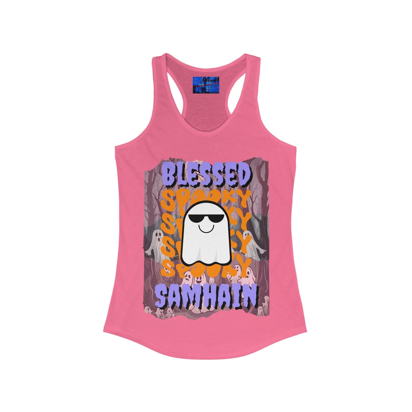 Spooky Blessed Samhain Ghost PRfont Women's Racerback Tank Top by cypherpunkgear – cypherpunkgear.com | Cypherpunk Merch