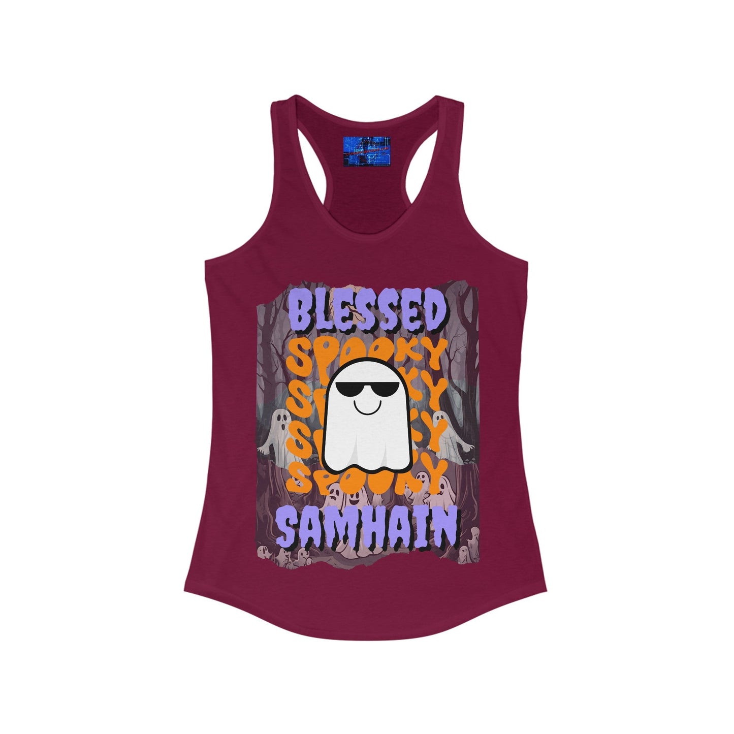 Spooky Blessed Samhain Ghost PRfont Women's Racerback Tank Top by cypherpunkgear – cypherpunkgear.com | Cypherpunk Merch