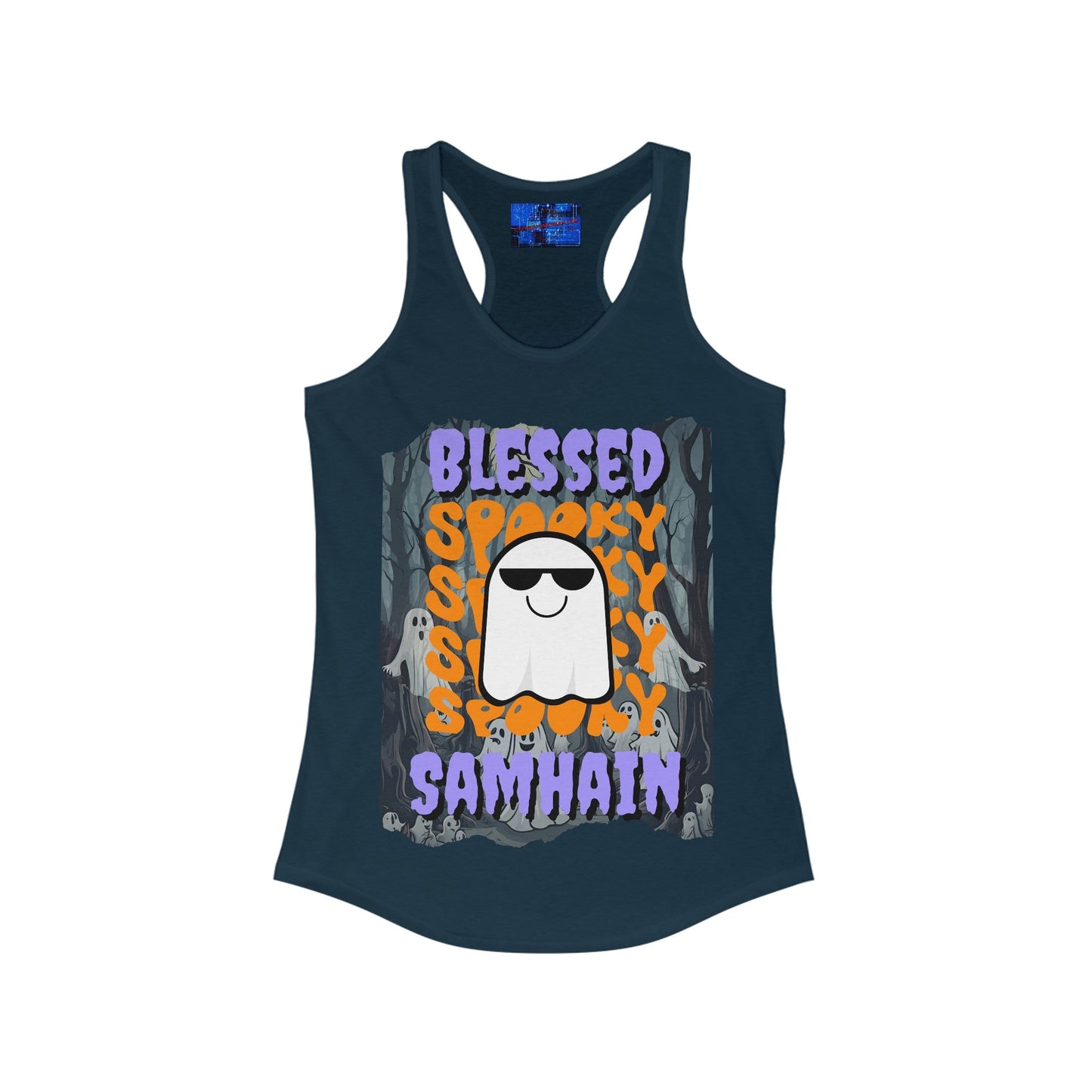 Spooky Blessed Samhain Ghost PRfont Women's Racerback Tank Top by cypherpunkgear – cypherpunkgear.com | Cypherpunk Merch