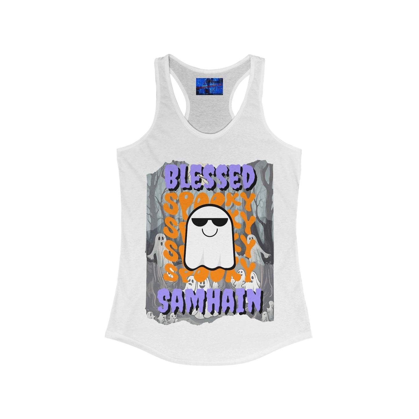 Spooky Blessed Samhain Ghost PRfont Women's Racerback Tank Top by cypherpunkgear – cypherpunkgear.com | Cypherpunk Merch