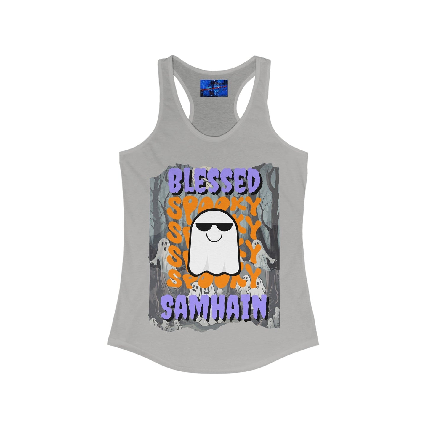 Spooky Blessed Samhain Ghost PRfont Women's Racerback Tank Top by cypherpunkgear – cypherpunkgear.com | Cypherpunk Merch