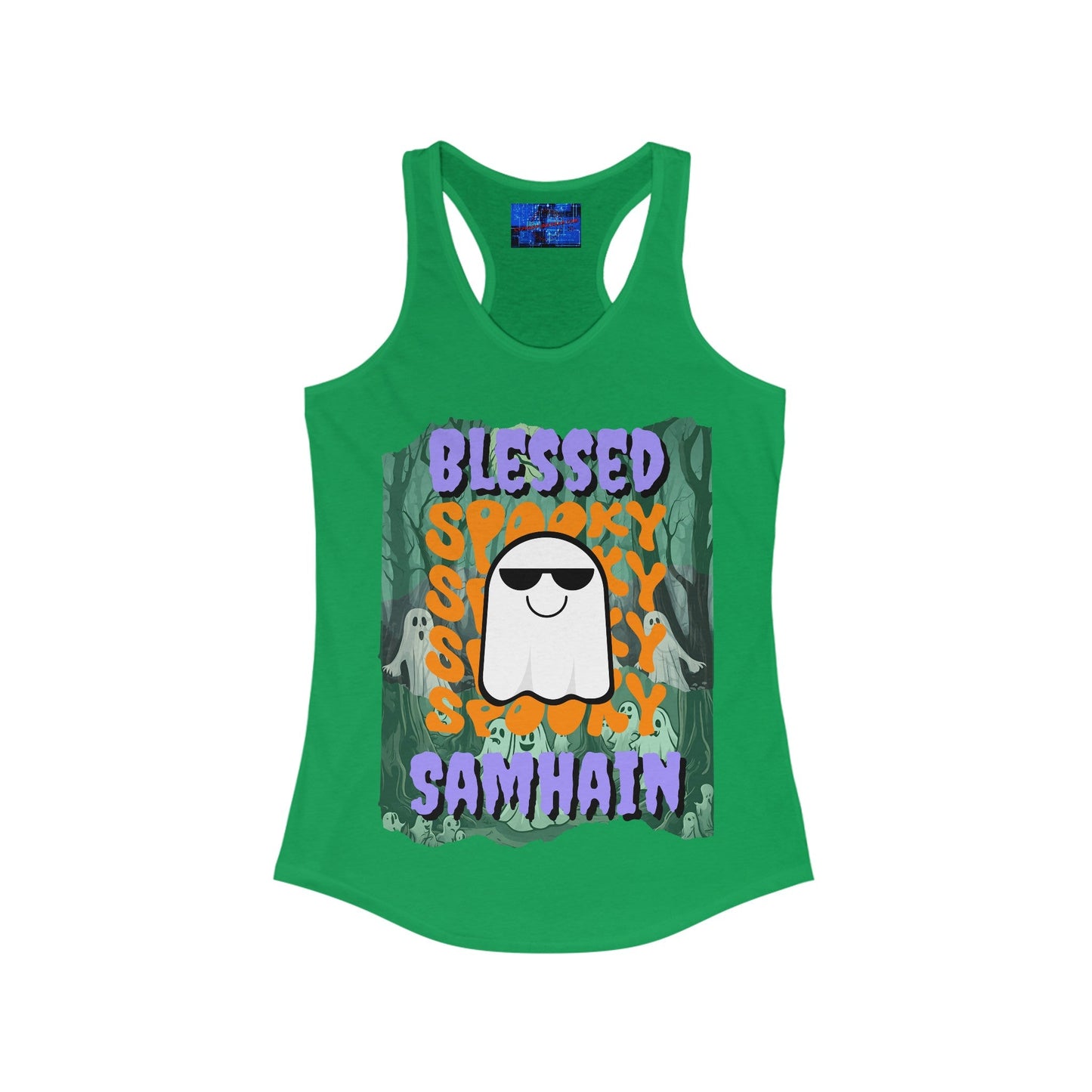 Spooky Blessed Samhain Ghost PRfont Women's Racerback Tank Top by cypherpunkgear – cypherpunkgear.com | Cypherpunk Merch