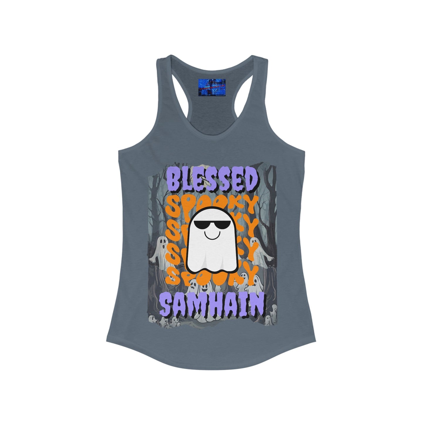 Spooky Blessed Samhain Ghost PRfont Women's Racerback Tank Top by cypherpunkgear – cypherpunkgear.com | Cypherpunk Merch